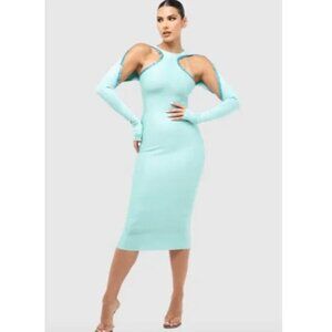 NWT CouCoo Necker Aqua Stretch Sequin Bodycon Open Shoulder Party Midi Dress S